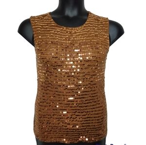 DKNY | 100% Silk Vintage Brown Sequin Sleeveless Crochet Knit Top | Large